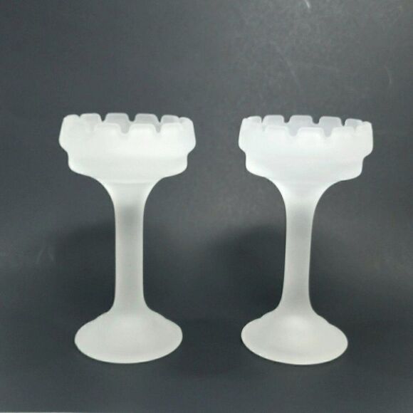 2 Vintage Partylite 7.5" Castle Turret Frosted Satin Glass Candlestick Holders - Picture 1 of 8